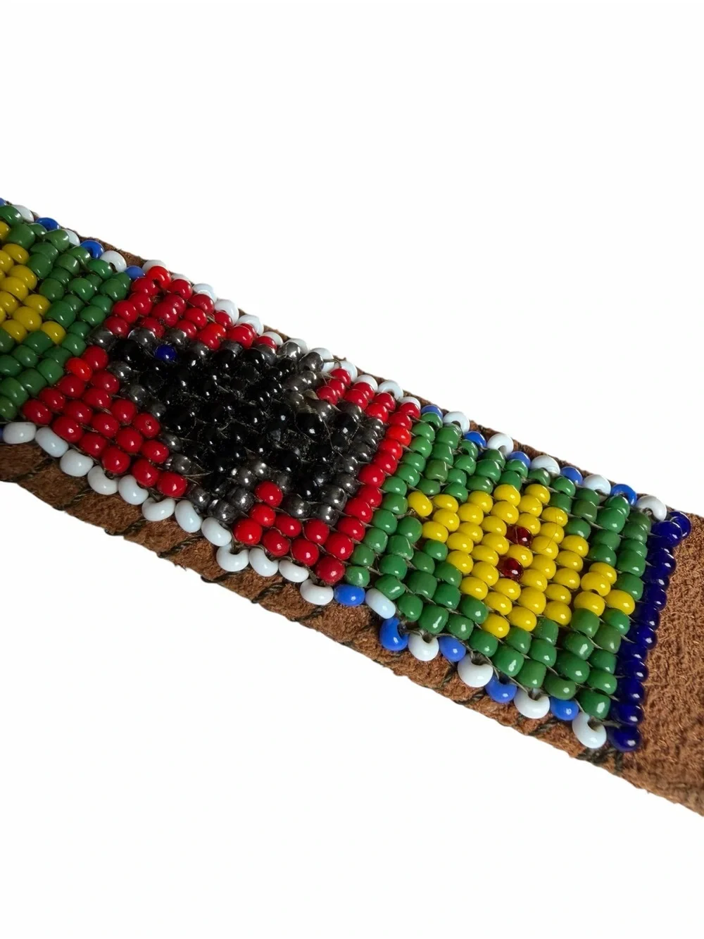 Vintage Leather Hand Beaded Cuff Bracelet Snap Closure Native Inspired